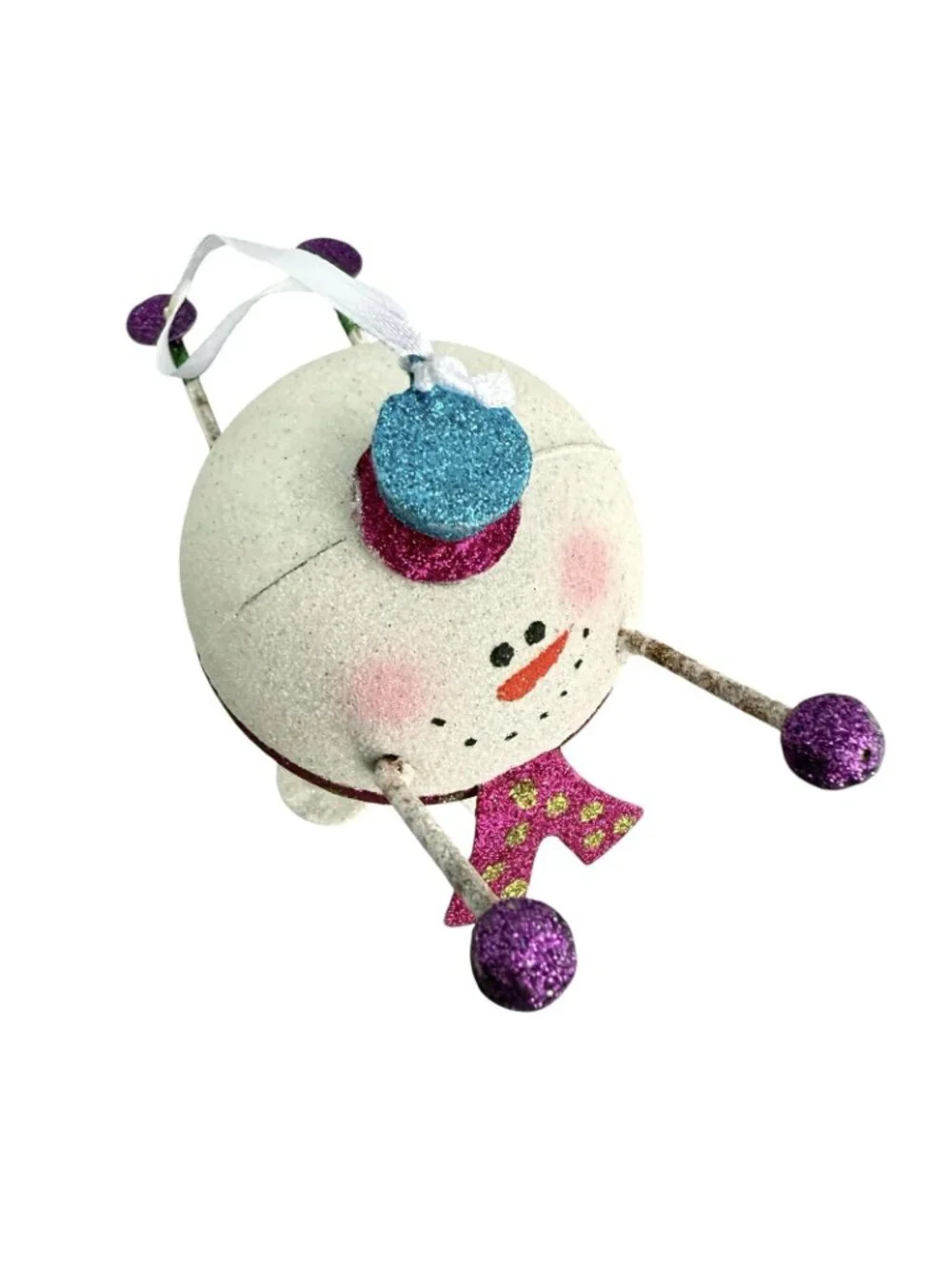 Pier 1 Snowball Snowman Ornament Top Hat Glitter Scarf Rolling Sliding